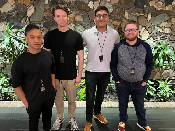 ˶ƽ Students Pratham Patel, Zander Hunley, Aashir Tuladhar, and Nicholas Hubbard at the 2025 BSidesROC Conference