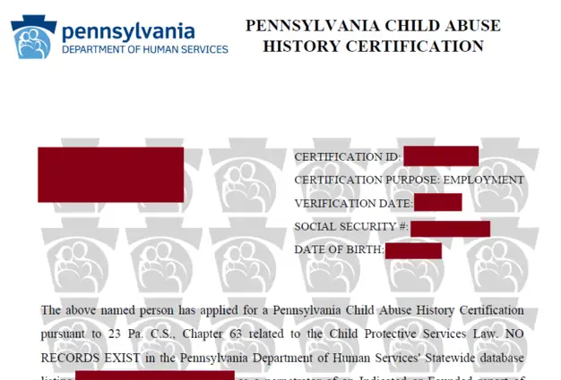 Screenshot of PA Child Abuse History Certification