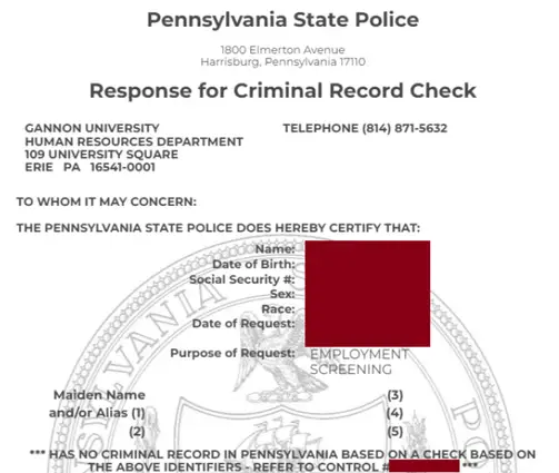 Screenshot of PA State Police Criminal Record Check