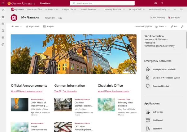 Screenshot of the my.gannon.edu website.