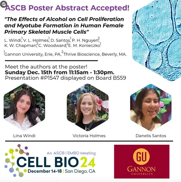 A poster for the 2024 ACSB Meeting announcing the presenters and sharing photos of the three undergraduate biology majors presenting.