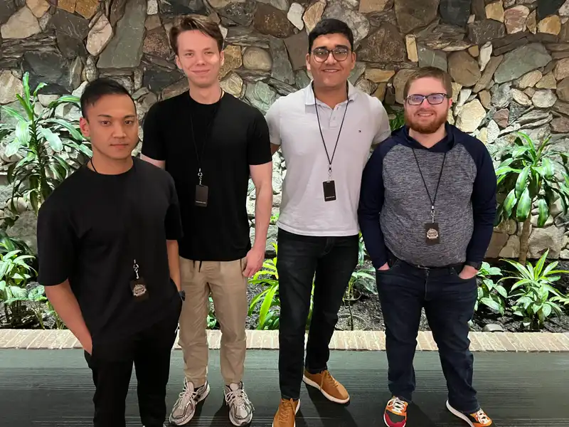 ˶ƽ Students Pratham Patel, Zander Hunley, Aashir Tuladhar, and Nicholas Hubbard at the 2025 BSidesROC Conference