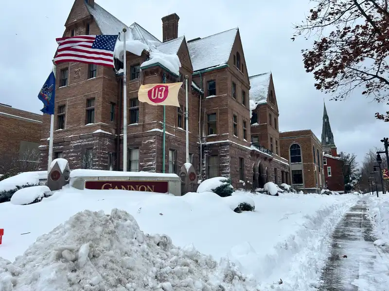 Old Main during the snow storm of December 2024