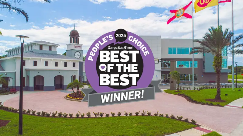 The Tampa Bay Times Best of the Best Winning Logo over a shot of ڰ's Ruskin campus