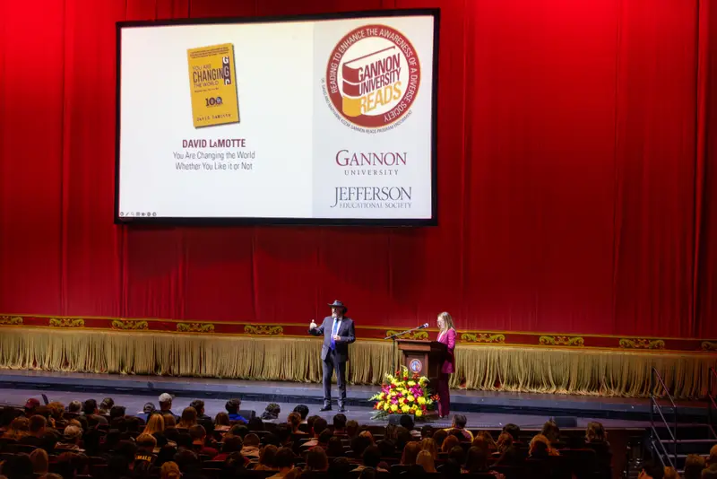 David LaMotte and Sarah Ewing present at the 2025 Gannon READS lecture