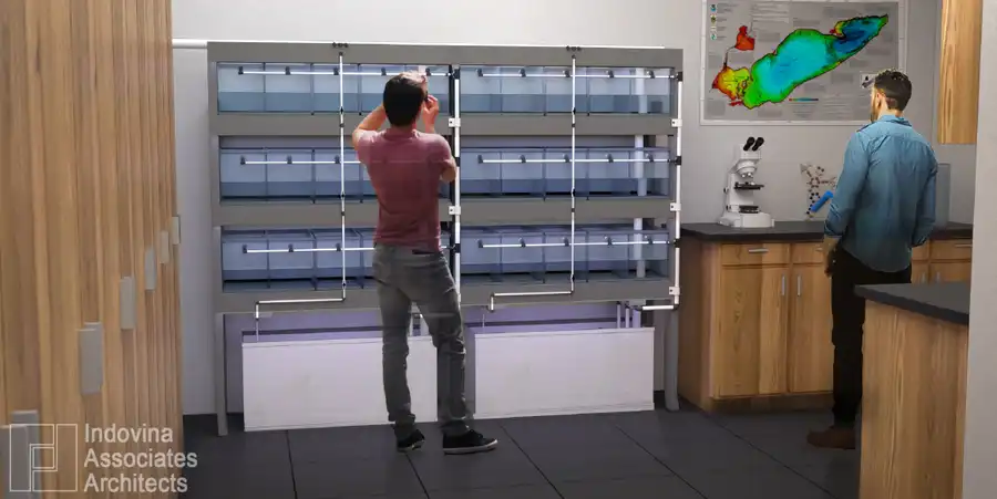 Wet Lab featuring a wall of tanks to be used to store specimens.